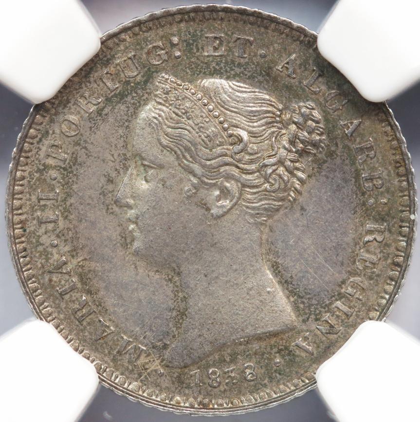 D. Maria II 100 Réis 1838 Prata NGC AU58